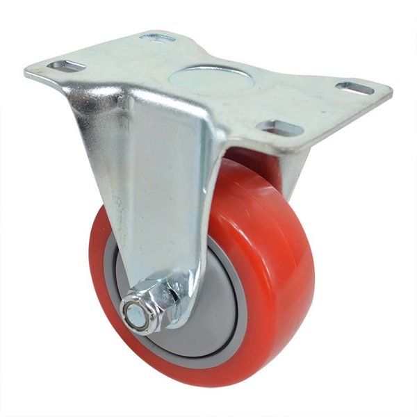 Big Horn Fixed Rigid Plate Wheel Casters with Red Polyurethane Wheels, 220-Pound 19788
